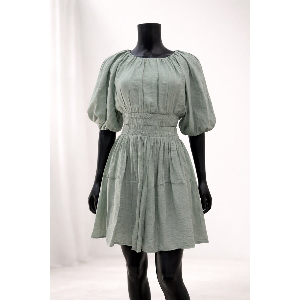 Mable Sage Green‎ Open Back Smocked Dress Puff Sleeve Fitted L